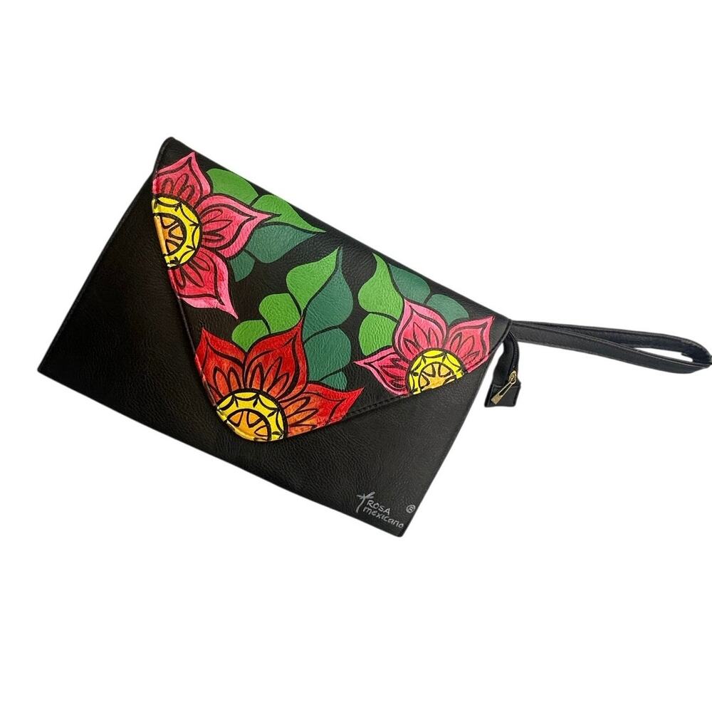 Rosa Mexicano Hand Painted Floral Vinipiel Envelope Wristlet Clutch Floral Folk